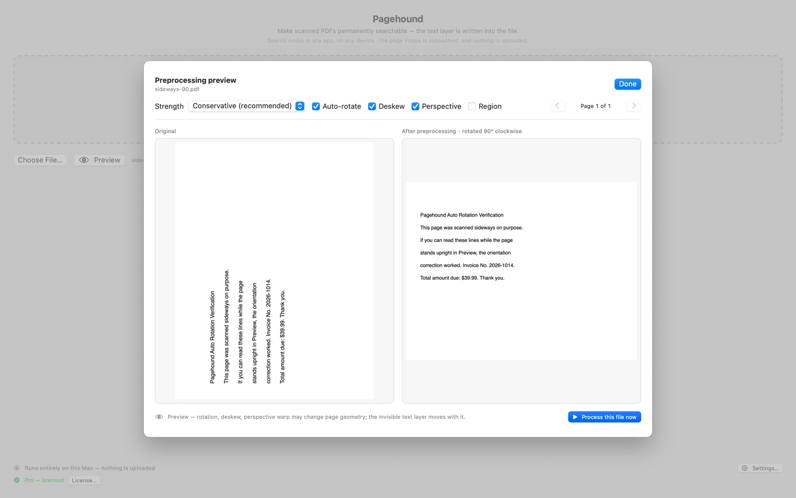 Pagehound preprocessing preview: a sideways-scanned page automatically rotated upright, shown side by side