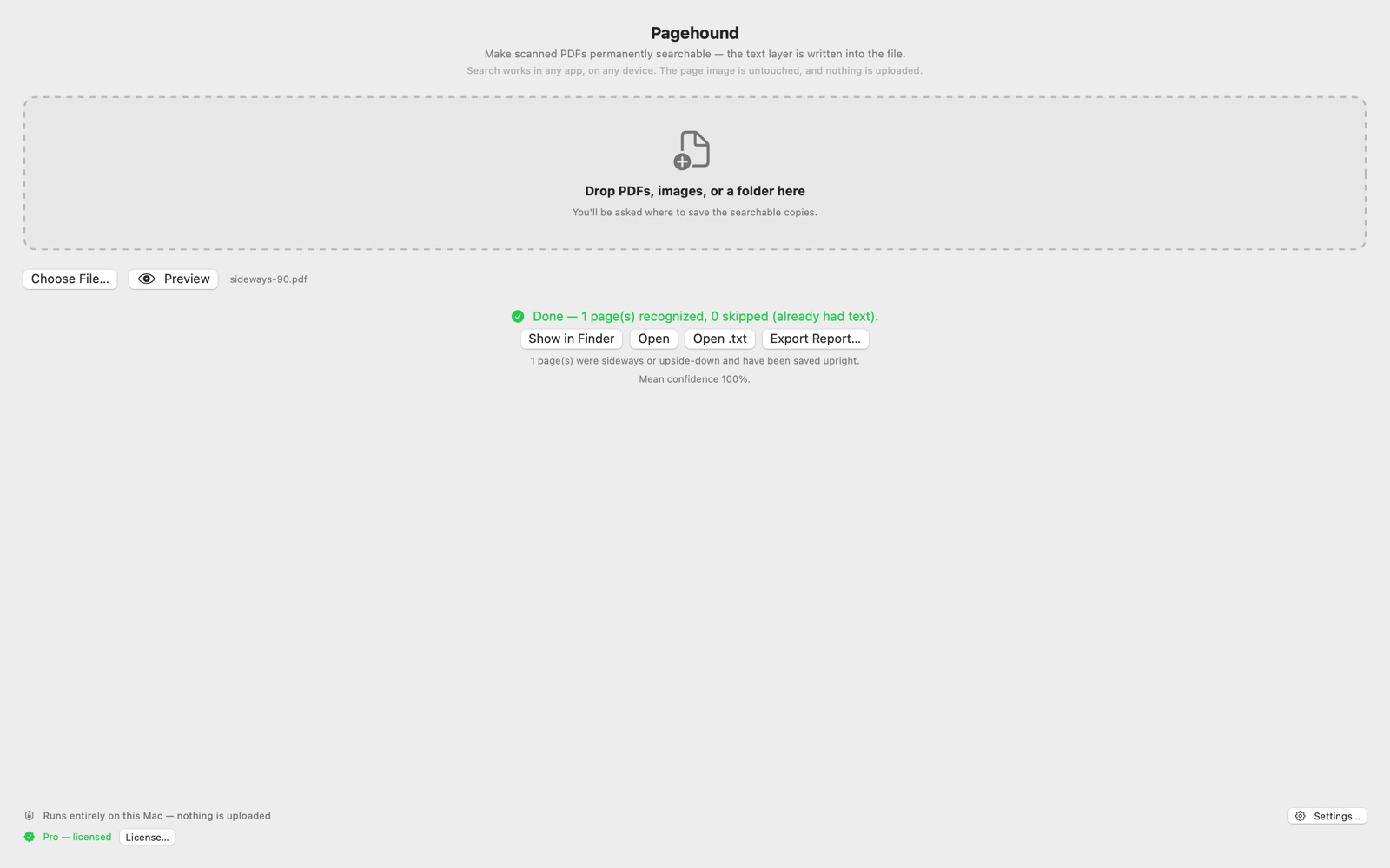 Pagehound result view after recognizing one page with 100% mean confidence, offering Show in Finder, Open, and Export Report buttons