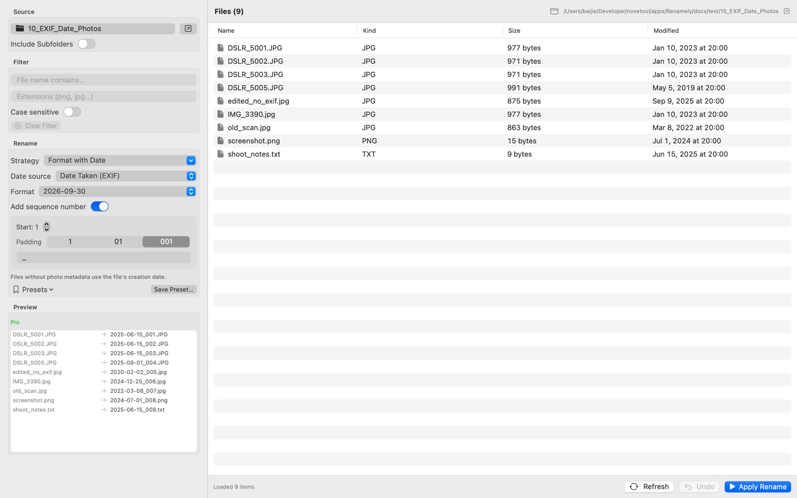 Renamely renaming camera photos by EXIF Date Taken into names like 2026-05-10_001.JPG with the Format with Date strategy