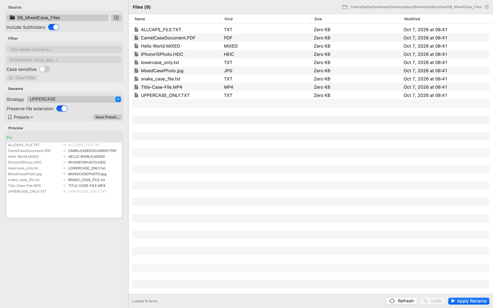 Converting nine mixed-case filenames to UPPERCASE with file extensions preserved